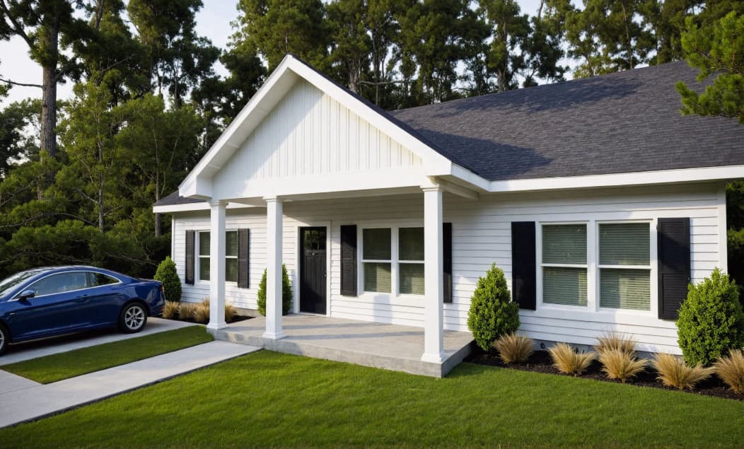 The Maple, a white craftsman house with a gable porch and black shutters.