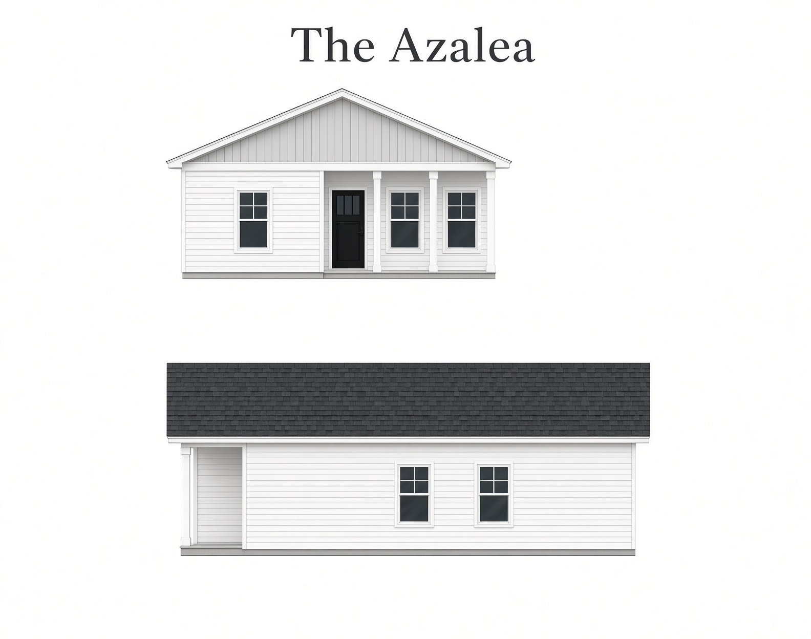 Front and side elevations of The Azalea, white siding and a black door.