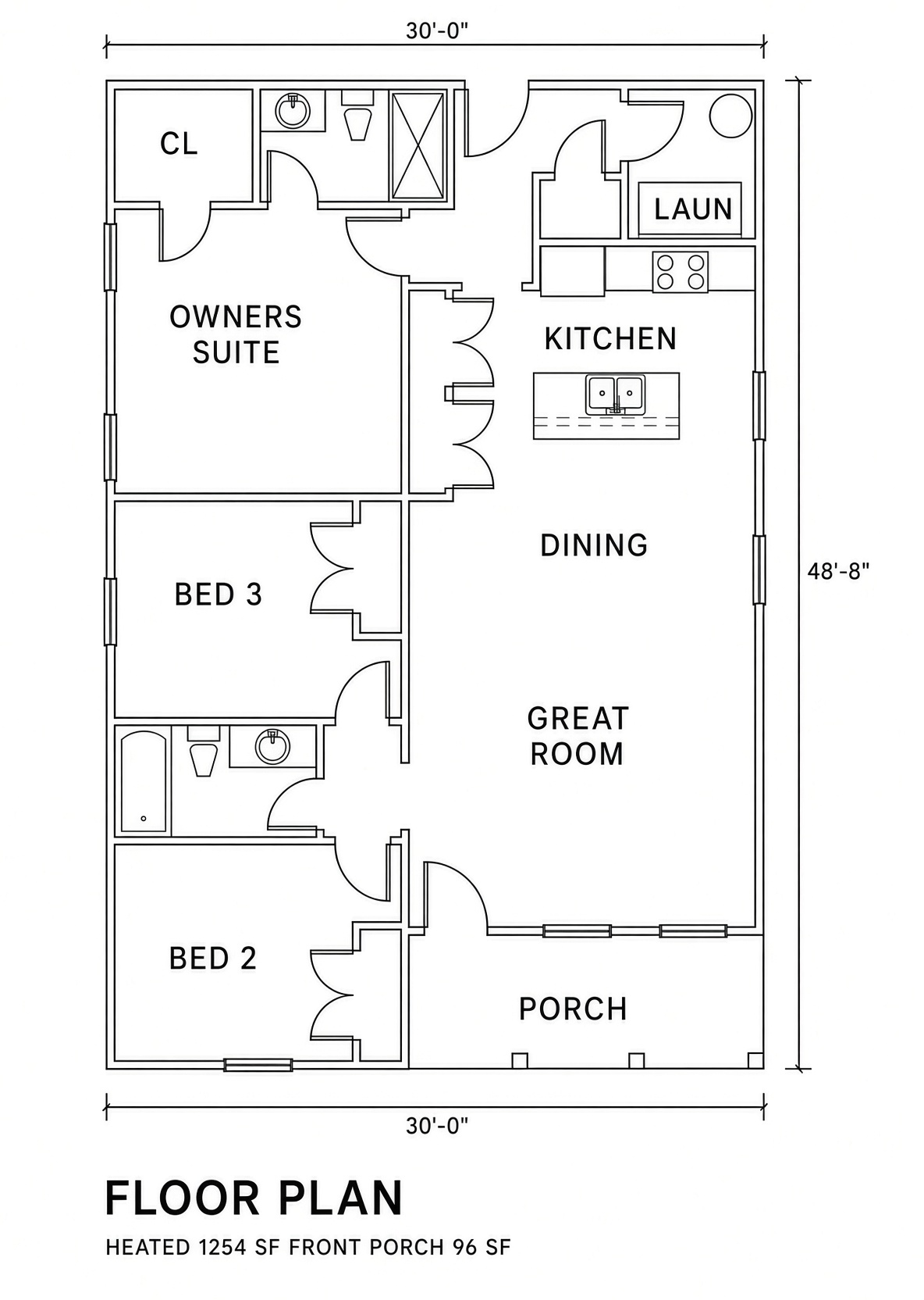 Floor plan of The Azalea, 30 feet wide by 48 feet 8 inches. Heated area 1,254 square feet and a 96 square foot front porch.