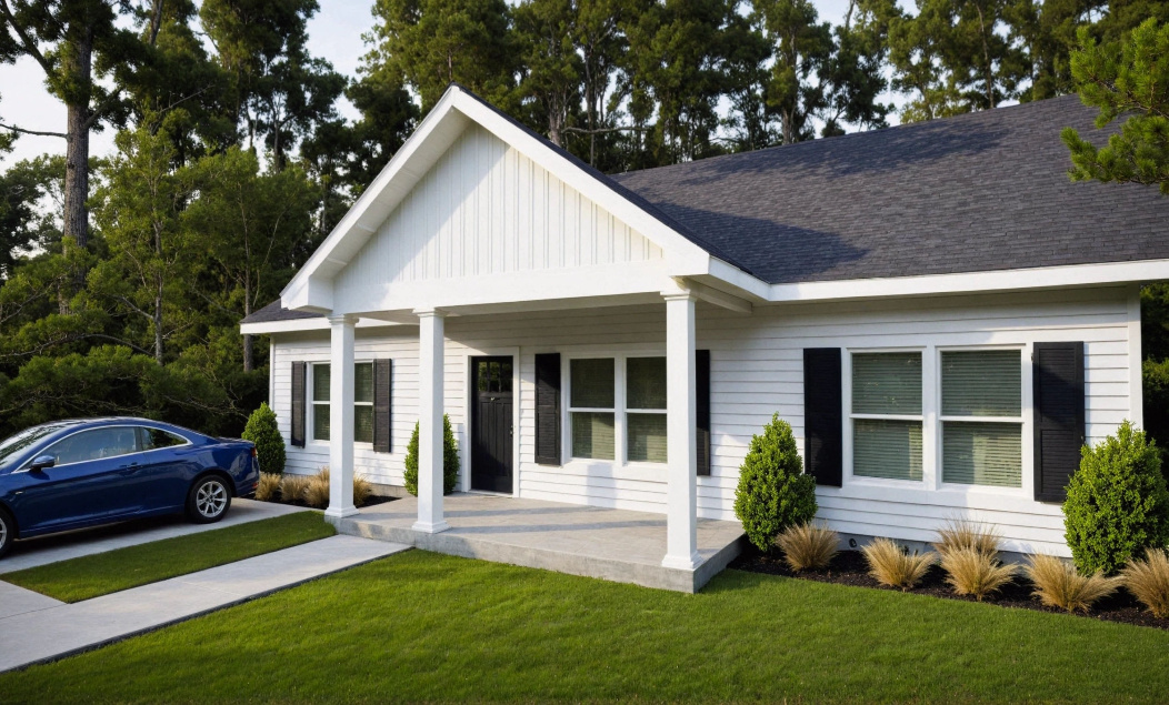 The Maple, a white craftsman house with a gable porch and black shutters.